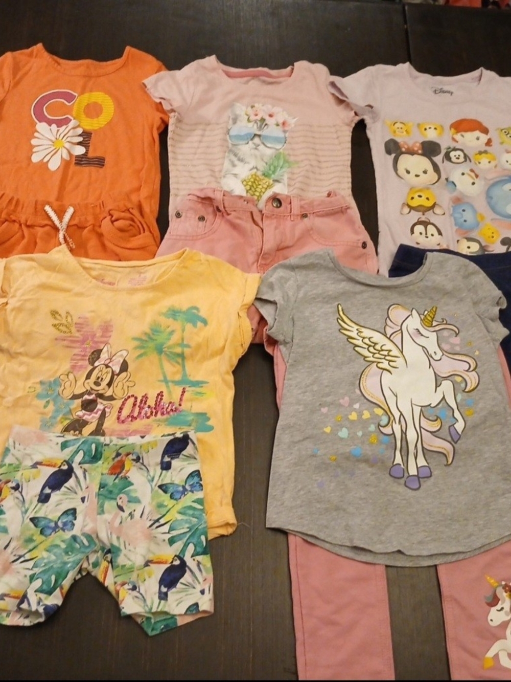 Girls Assorted Graphic Tee & Shorts Bundle - Unicorn, Minnie & Tropical Prints